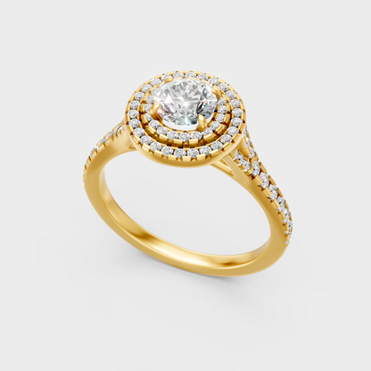 Classic 14K Yellow Gold Engagement Ring Featuring A Round Lab Diamond With Double Halo