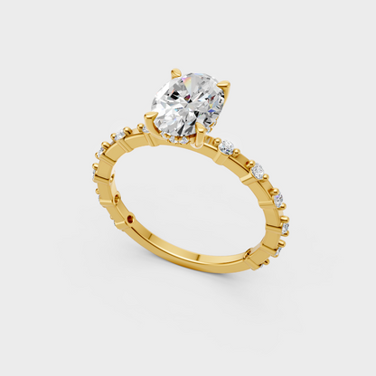 Classic yellow gold engagement ring featuring a oval lab diamond
