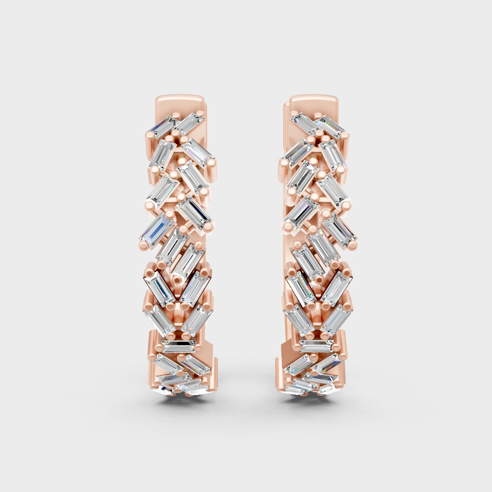 Unique rose gold diamond hoops featuring GLI-certified baguette stones for a soft glow