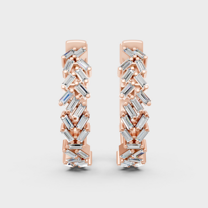 Unique rose gold diamond hoops featuring GLI-certified baguette stones for a soft glow