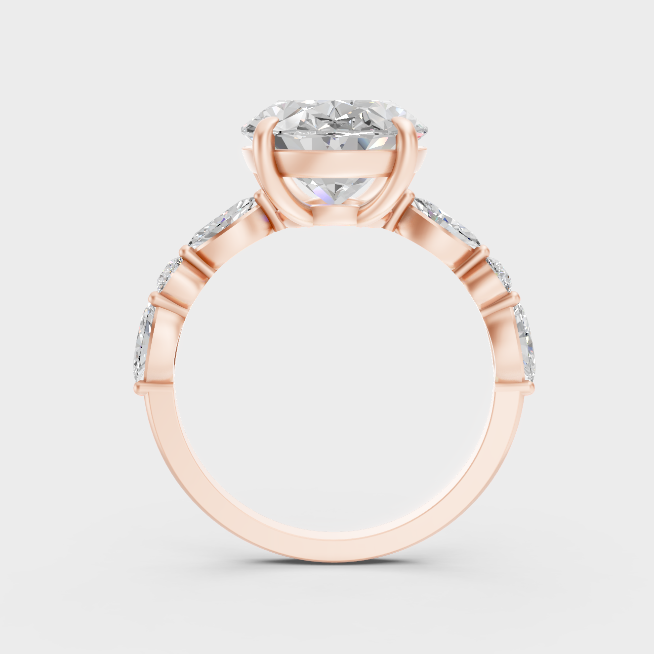 Unique 4.05 Ct lab-grown diamond solitaire with delicate marquise accents in 9K rose gold.