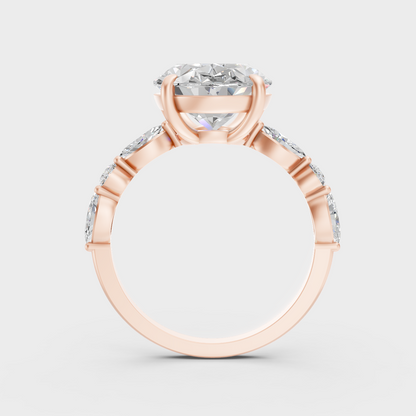 Unique 4.05 Ct lab-grown diamond solitaire with delicate marquise accents in 9K rose gold.