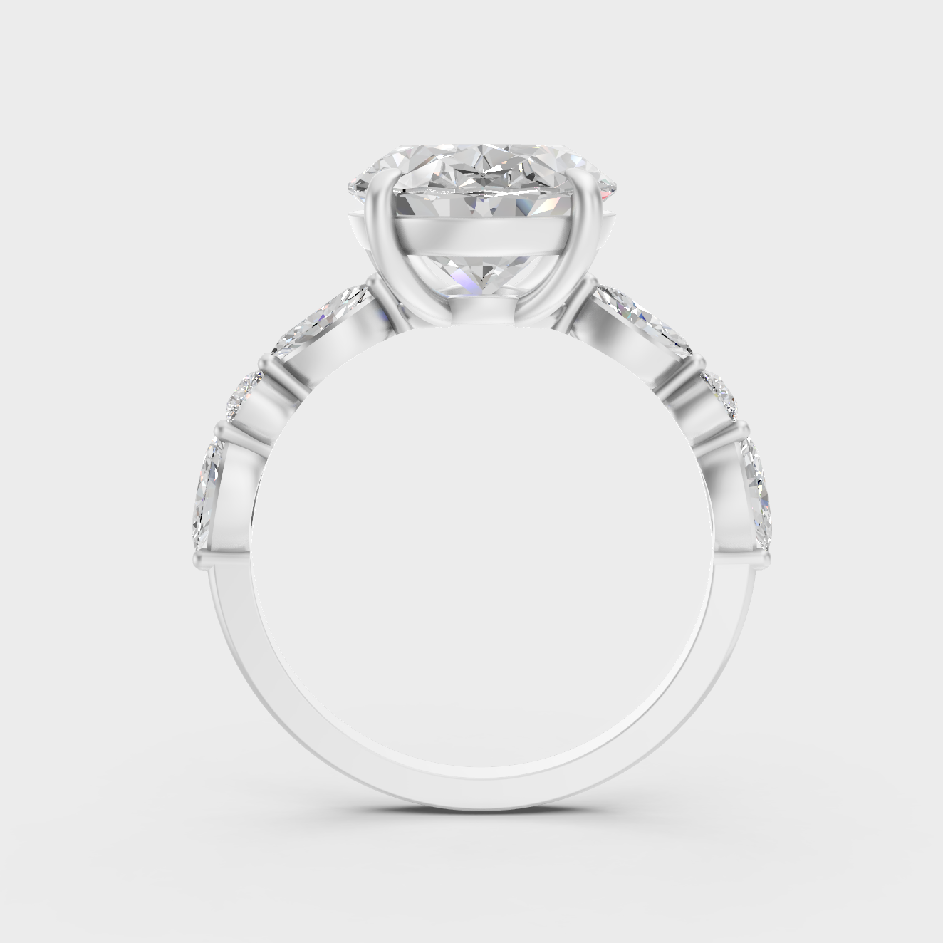 4.05 Ct lab-grown diamond solitaire ring featuring marquise and round accents in 18K white gold.