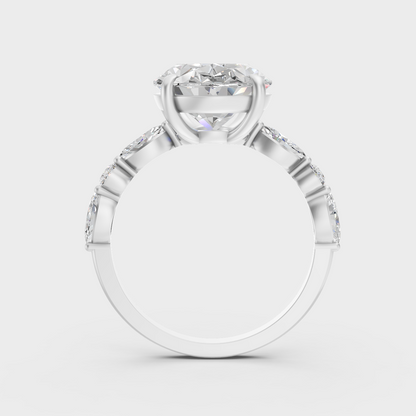 4.05 Ct lab-grown diamond solitaire ring featuring marquise and round accents in 18K white gold.