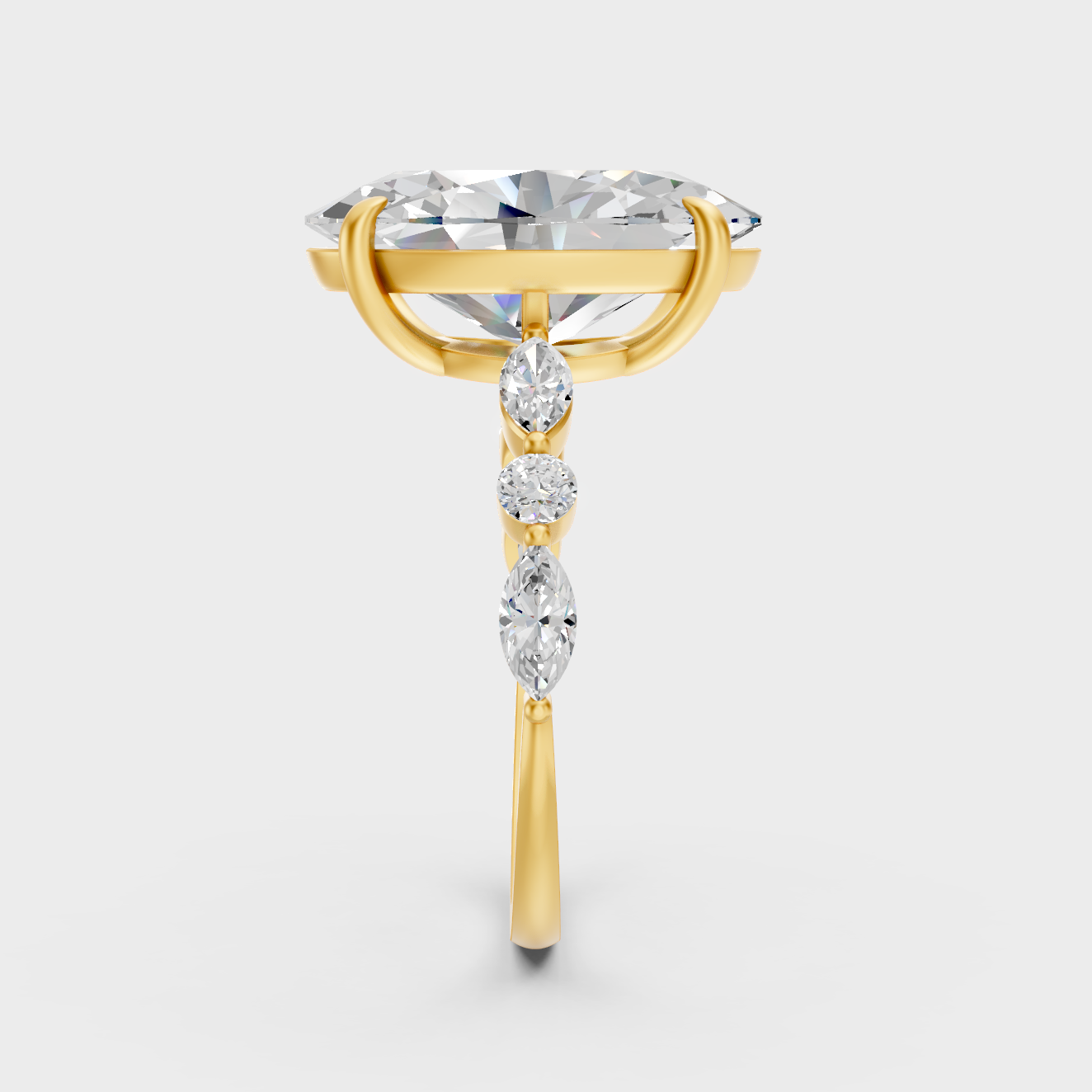 Custom 4.05 Ct lab-grown diamond engagement ring with marquise and round cut stones, 14K yellow gold band.