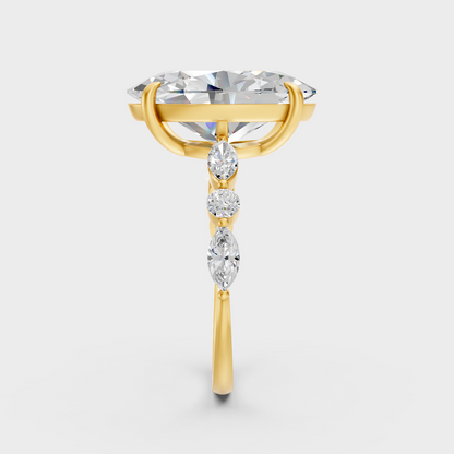 Custom 4.05 Ct lab-grown diamond engagement ring with marquise and round cut stones, 14K yellow gold band.
