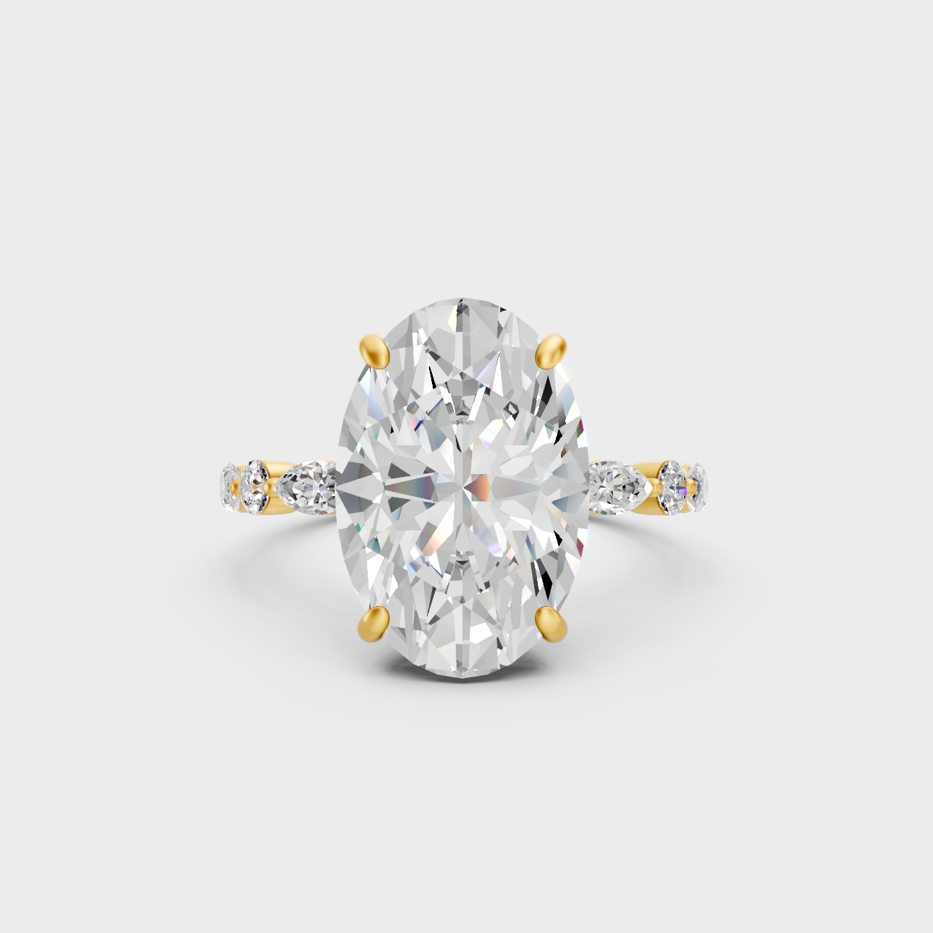4.05 Ct lab-grown diamond solitaire ring with marquise and round accents set in 18K yellow gold.