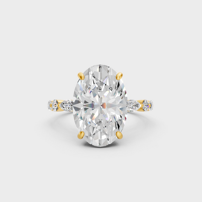 4.05 Ct lab-grown diamond solitaire ring with marquise and round accents set in 18K yellow gold.