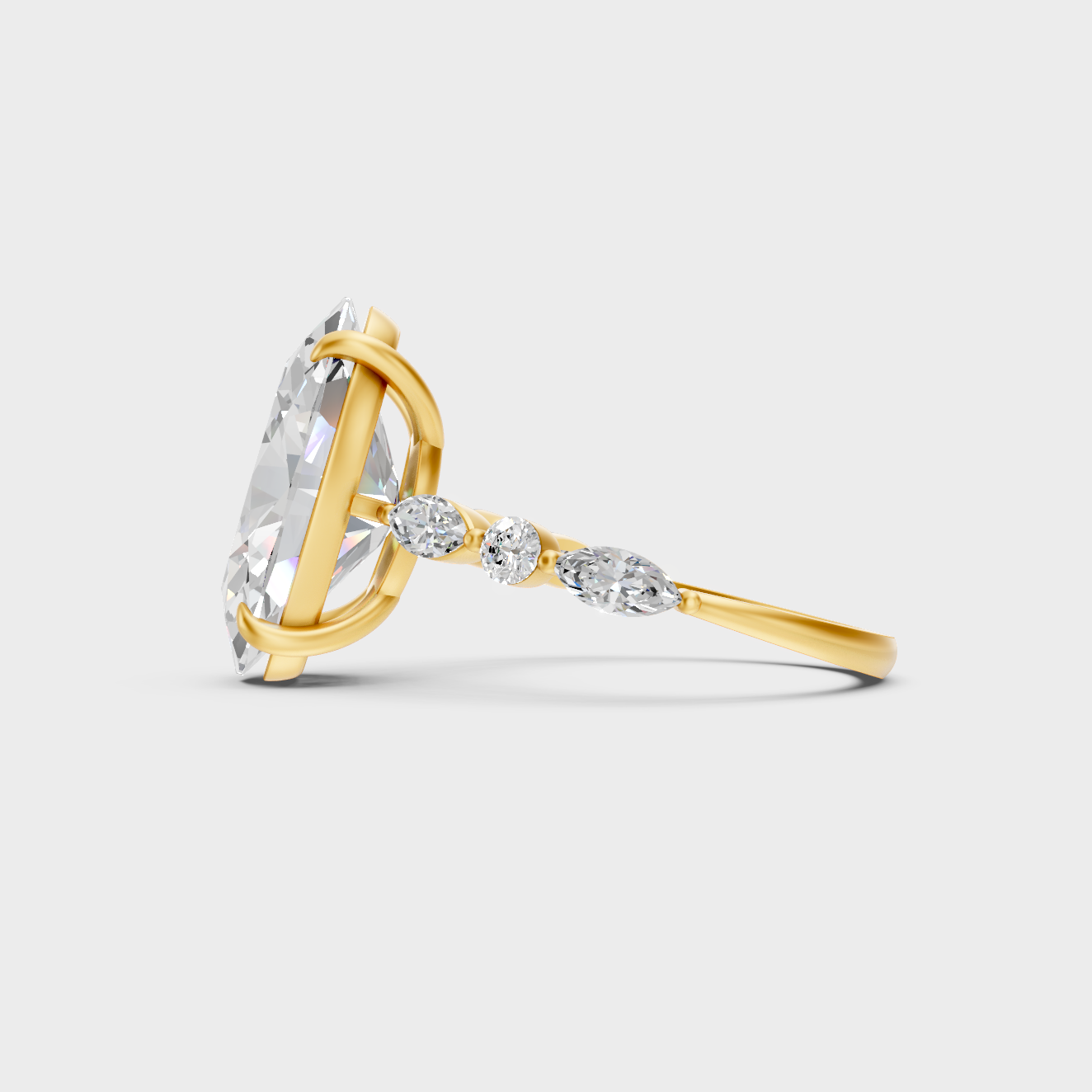 Close-up view of 4.05 Ct lab-grown diamond ring featuring brilliant accents in warm 18K yellow gold.