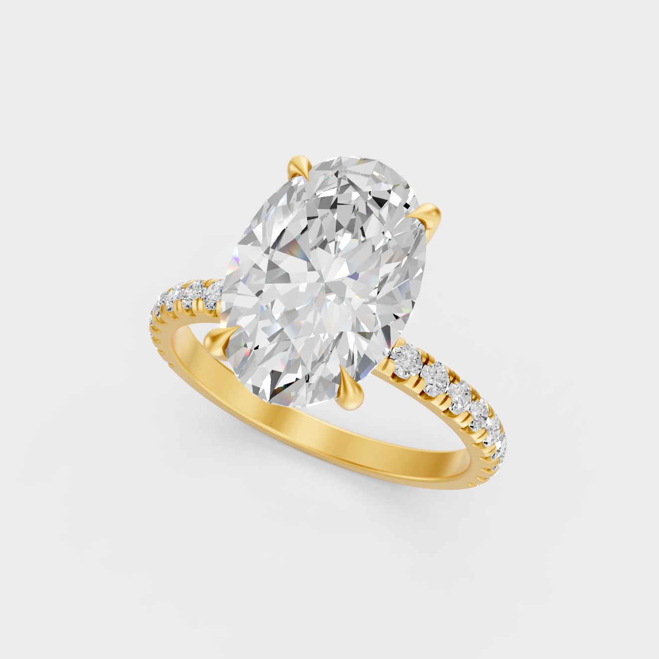 Elegant 4.62 carat oval lab-grown diamond engagement ring with radiant hidden halo, 14K yellow gold.