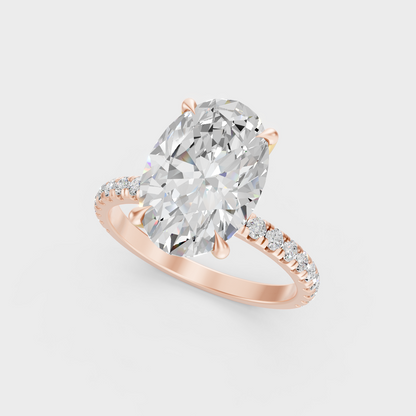 Exquisite 4.62 Ct oval cut lab-grown diamond engagement ring featuring a hidden halo, 14K rose gold.