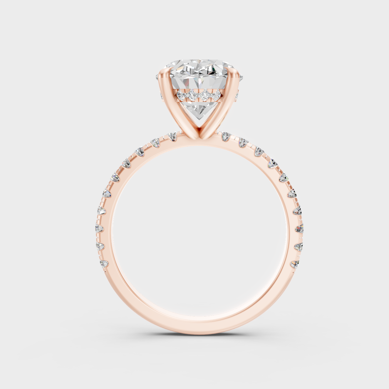 Unique 4.62 Ct certified lab-grown diamond solitaire with hidden halo accents, 9K rose gold band.