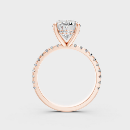 Unique 4.62 Ct certified lab-grown diamond solitaire with hidden halo accents, 9K rose gold band.