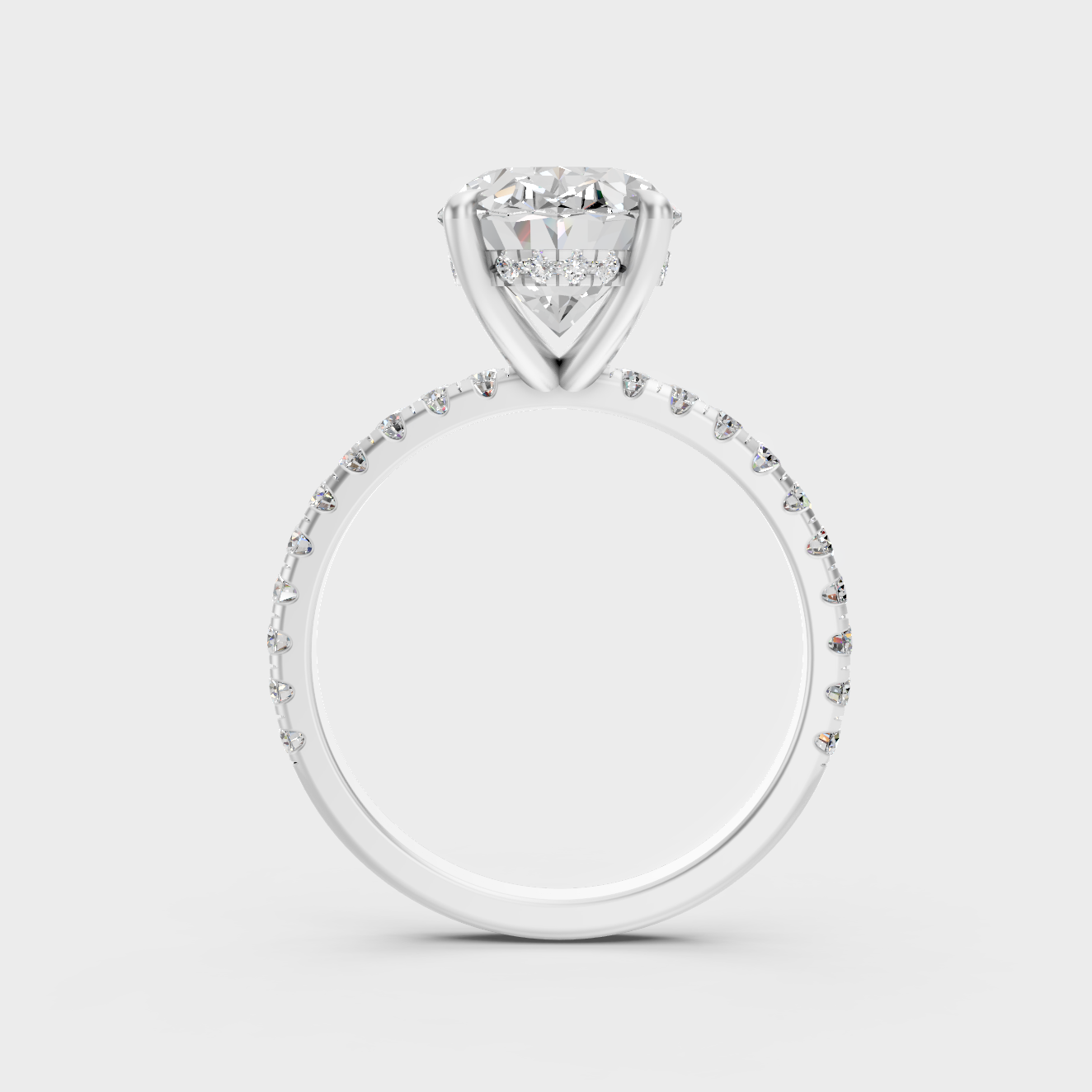 Certified 4.62 Ct lab-grown diamond ring with oval center stone and hidden halo in 18K white gold.