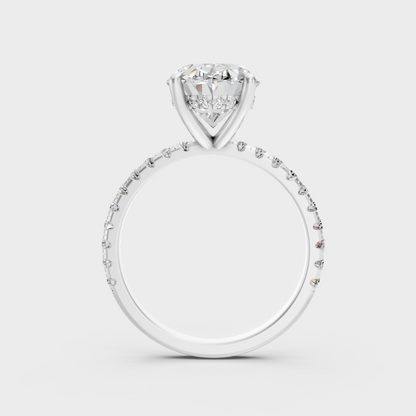 Certified 4.62 Ct lab-grown diamond ring with oval center stone and hidden halo in 18K white gold.