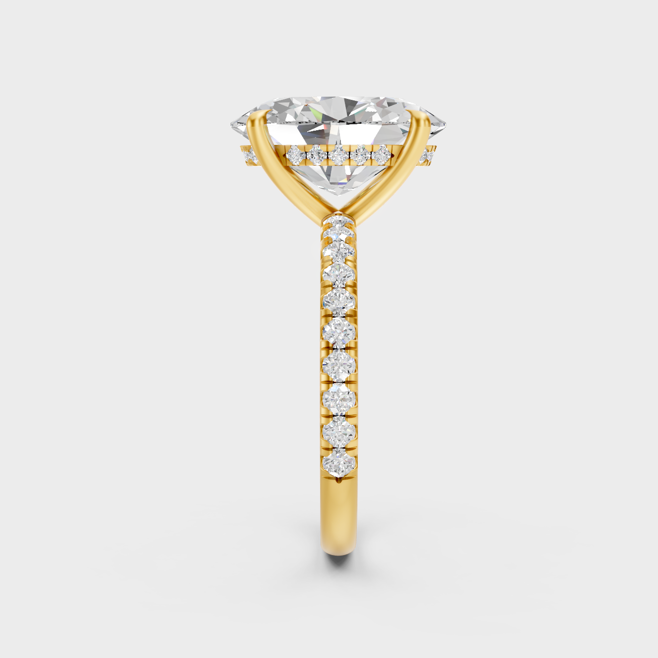 Close-up of 4.62 Ct oval cut lab-grown diamond ring featuring a discreet hidden halo, 18K yellow gold band.