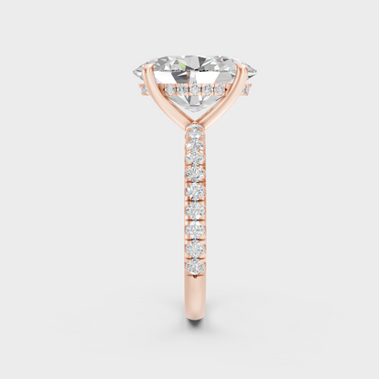 Ethical luxury 4.62 Ct lab-grown diamond hidden halo ring, elegant design in 18K rose gold.