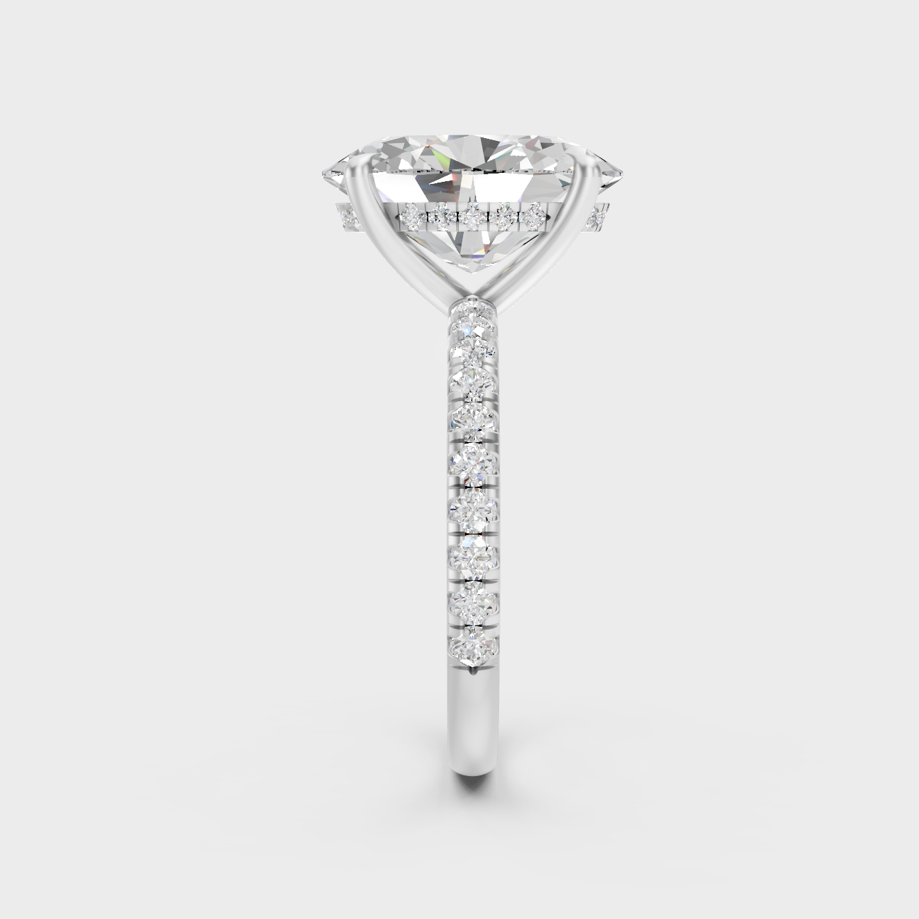 Sophisticated 4.62 Ct oval cut lab-grown diamond engagement ring with hidden halo detail, 14K white gold.