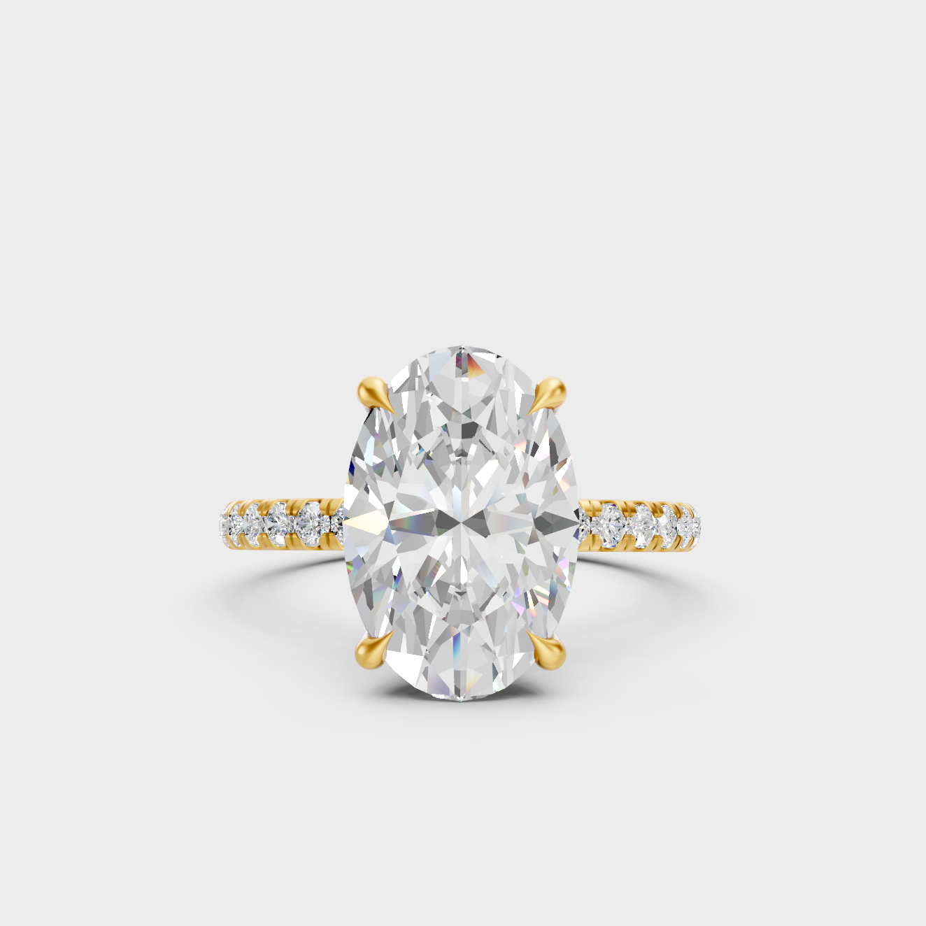 Certified 4.62 Ct oval and round cut lab-grown diamond hidden halo ring in 18K yellow gold.