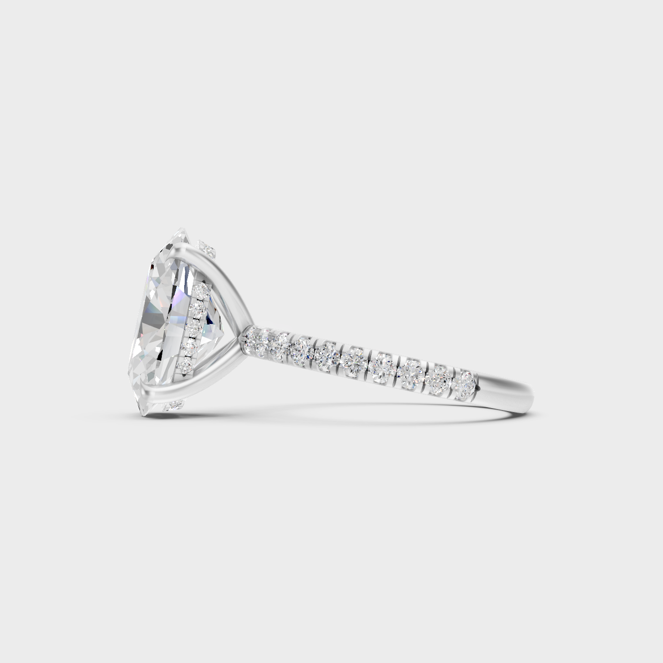 Radiant 4.62 Ct lab-grown diamond solitaire featuring a modern hidden halo, 9K white gold setting.
