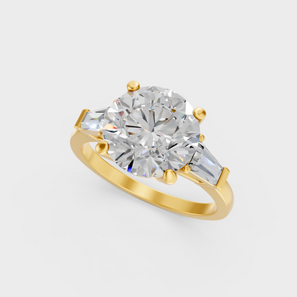 IGI certified 3.32 Ct round and baguette cut lab-grown diamond three-stone ring in 18K yellow gold.