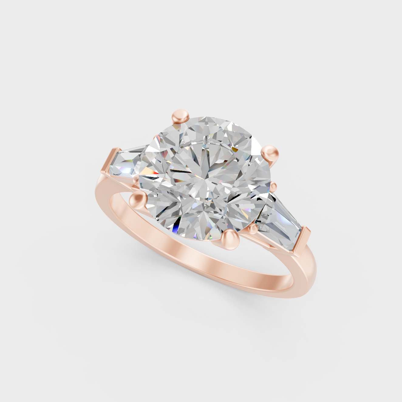 Exquisite 3.32 Ct lab-grown diamond three-stone ring with baguette side stones, 14K rose gold.
