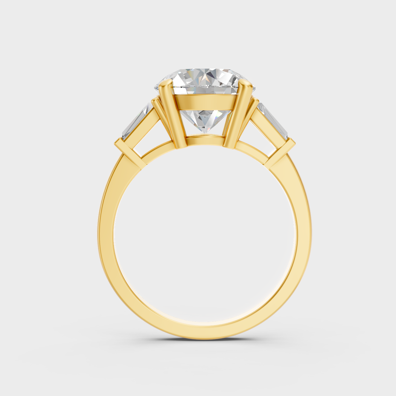 Luxury 3.32 Ct round and baguette three-stone diamond ring set in polished 9K yellow gold.
