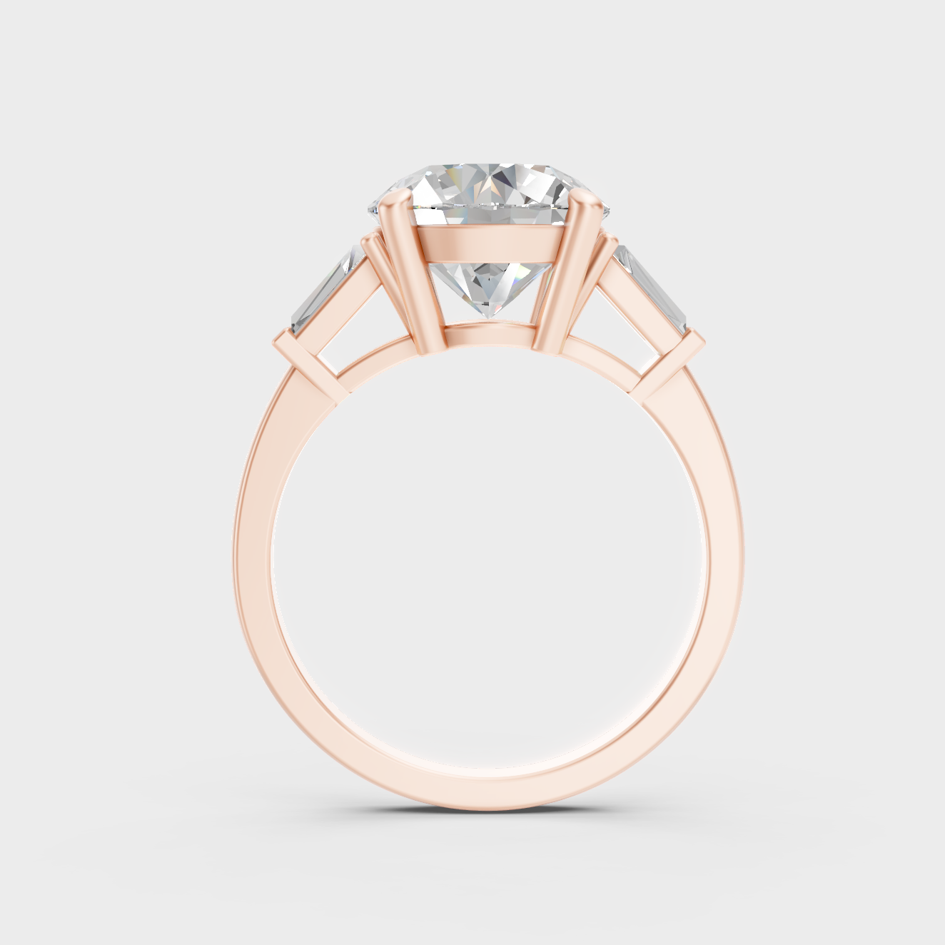 Unique 3.32 Ct certified lab-grown diamond three-stone engagement ring, 9K rose gold finish.