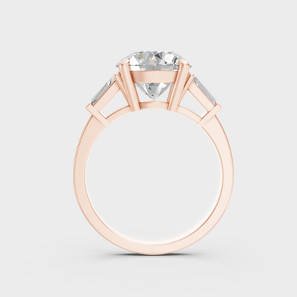 Unique 3.32 Ct certified lab-grown diamond three-stone engagement ring, 9K rose gold finish.