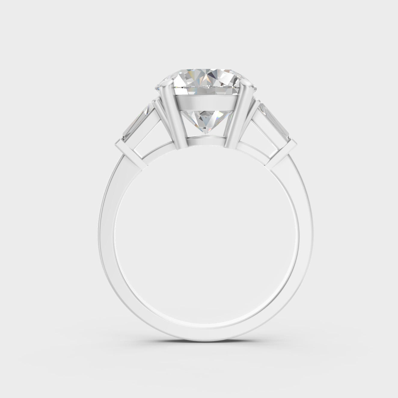 Sophisticated 3.32 Ct lab-grown diamond three-stone engagement ring, 14K white gold setting.