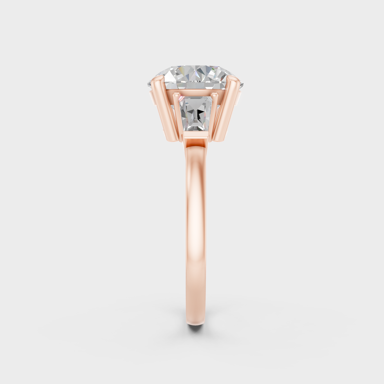 Ethical luxury 3.32 Ct lab-grown diamond three-stone ring, elegant design in 18K rose gold.