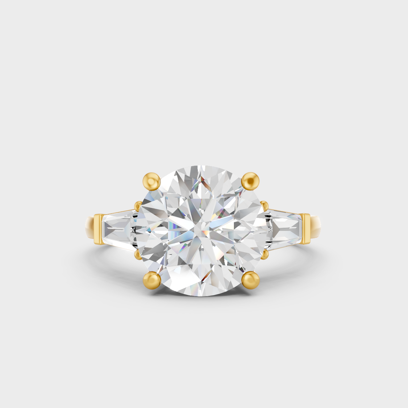 Elegant 3.32 carat lab-grown diamond ring with architectural baguette side stones, 14K yellow gold.