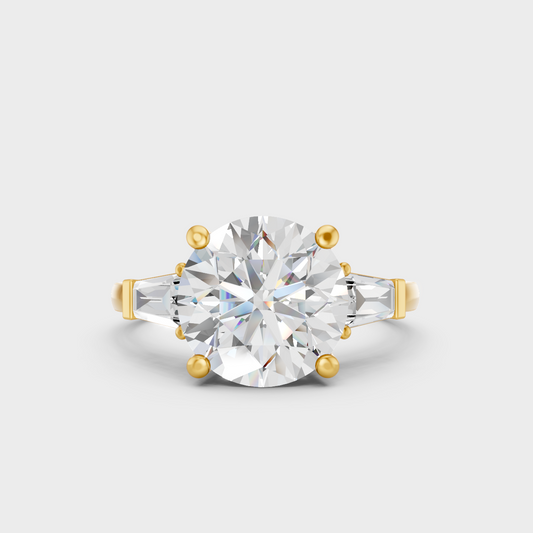 Elegant 3.32 carat lab-grown diamond ring with architectural baguette side stones, 14K yellow gold.