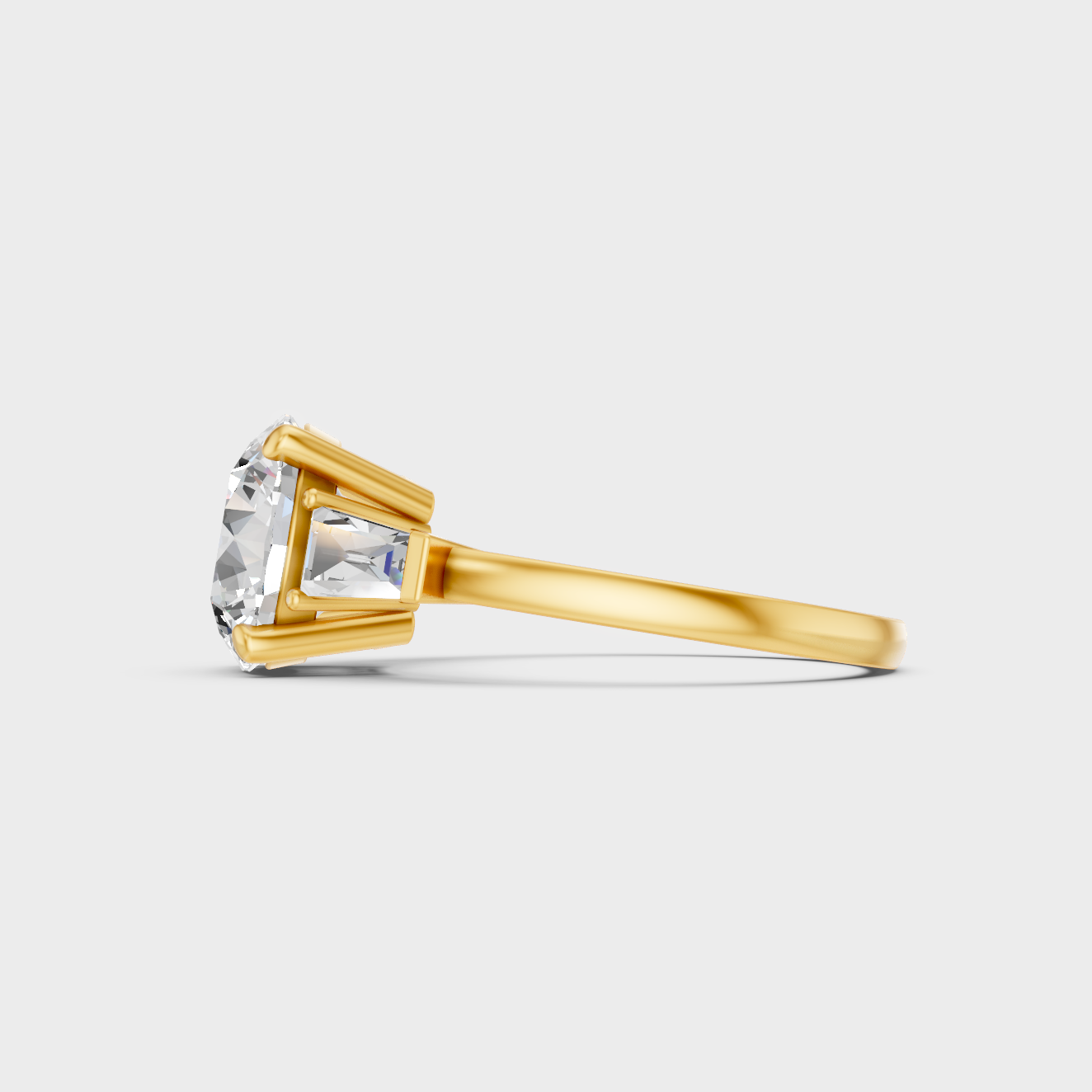 Custom 3.32 Ct certified lab-grown diamond ring with baguette accents, handcrafted in 14K yellow gold.