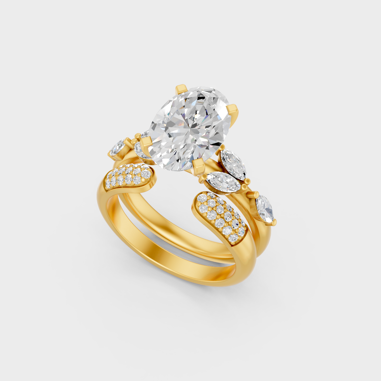 Luxury Oval Marquise Round Diamond Ring Set In Yellow Gold Elegant Jewelry