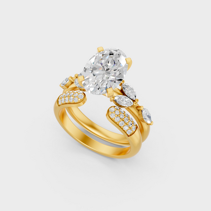Luxury Oval Marquise Round Diamond Ring Set In Yellow Gold Elegant Jewelry