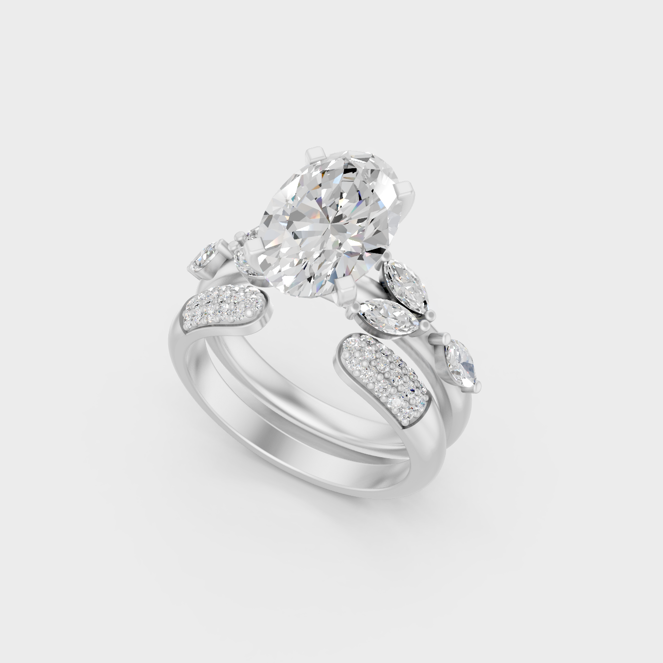 White Gold Oval Marquise Round Engagement Ring Set Fine Jewelry