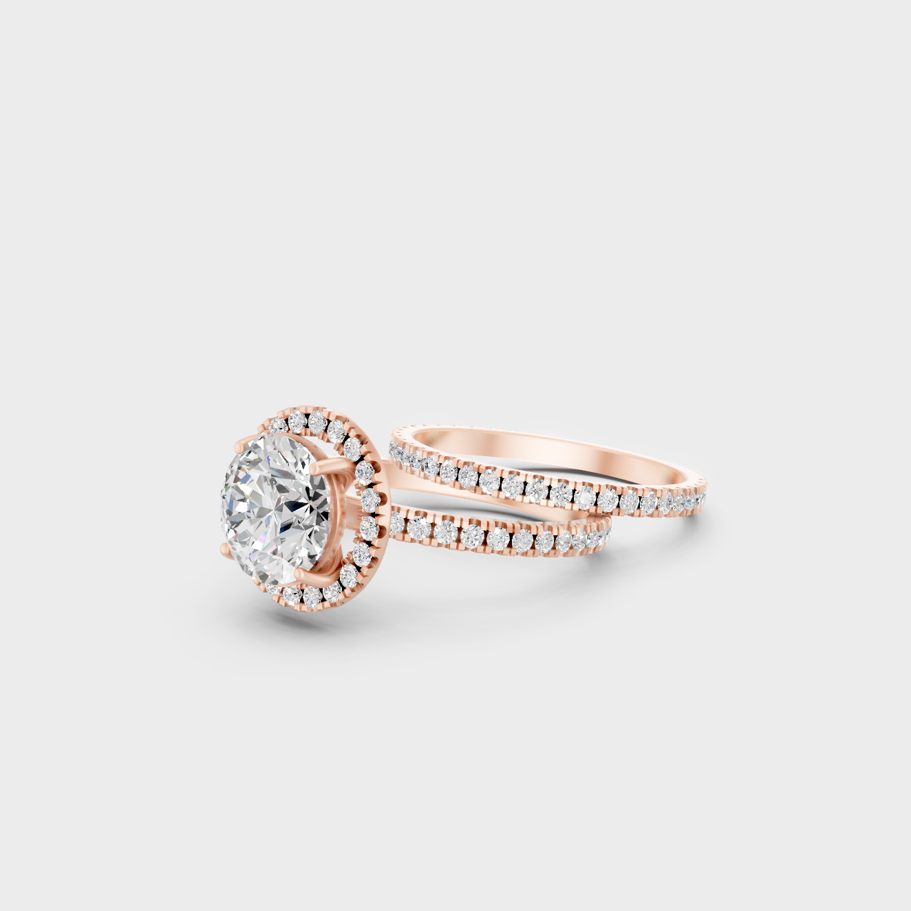 Round Cut Lab Diamond Halo Ring Set In Rose Gold Elegant Design