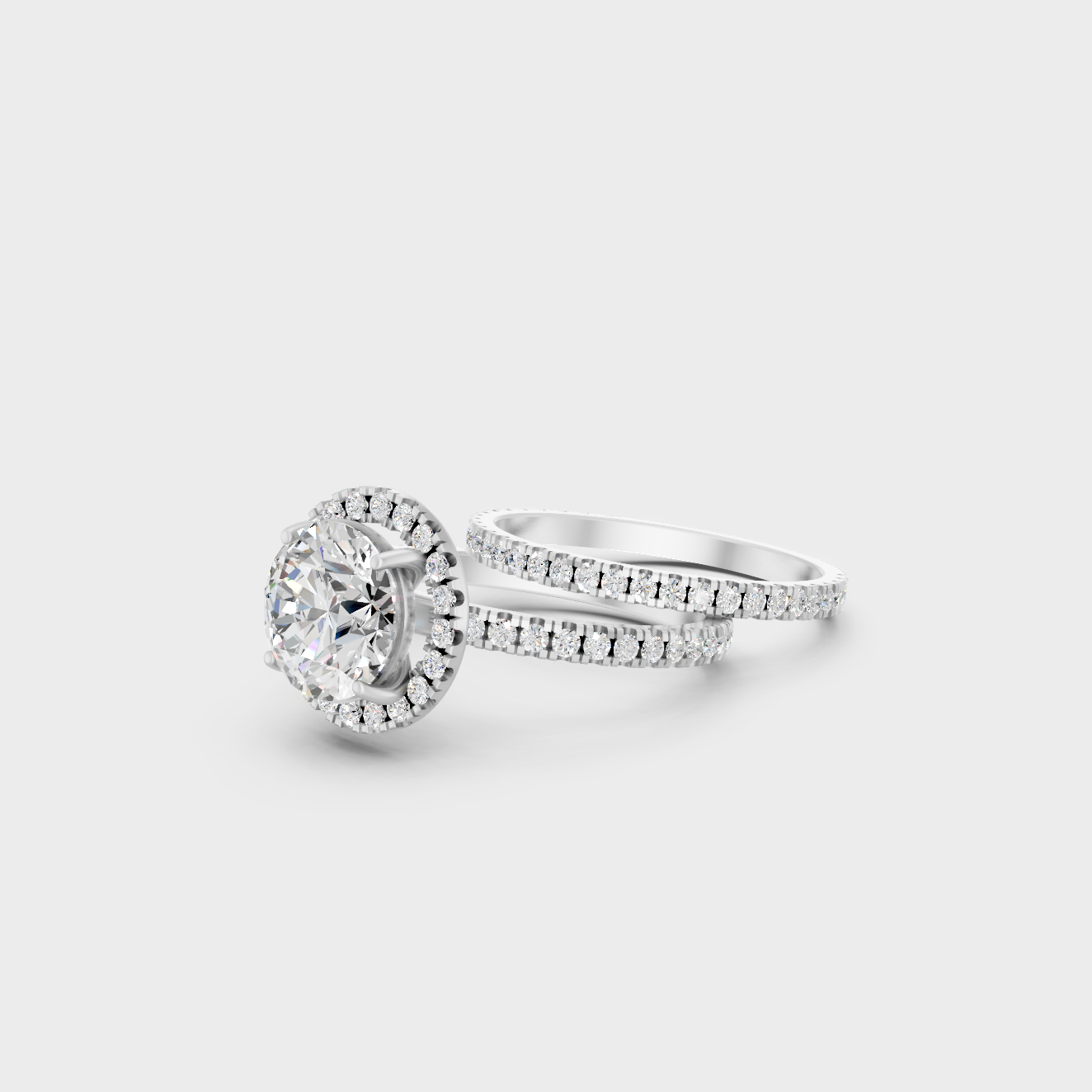 Platinum High End Round Halo Diamond Ring Set