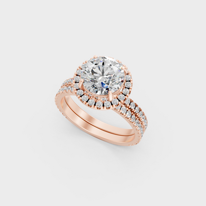 Rose Gold Round Lab Grown Diamond Halo Ring Set Luxury Style
