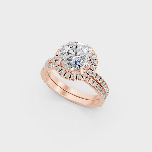 Rose Gold Round Lab Grown Diamond Halo Ring Set Luxury Style