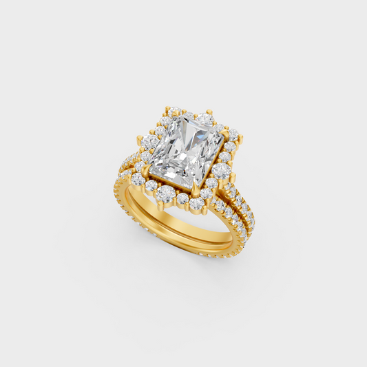 Luxury Radiant Diamond Ring Set In Yellow Gold With Round Accent Sparkle