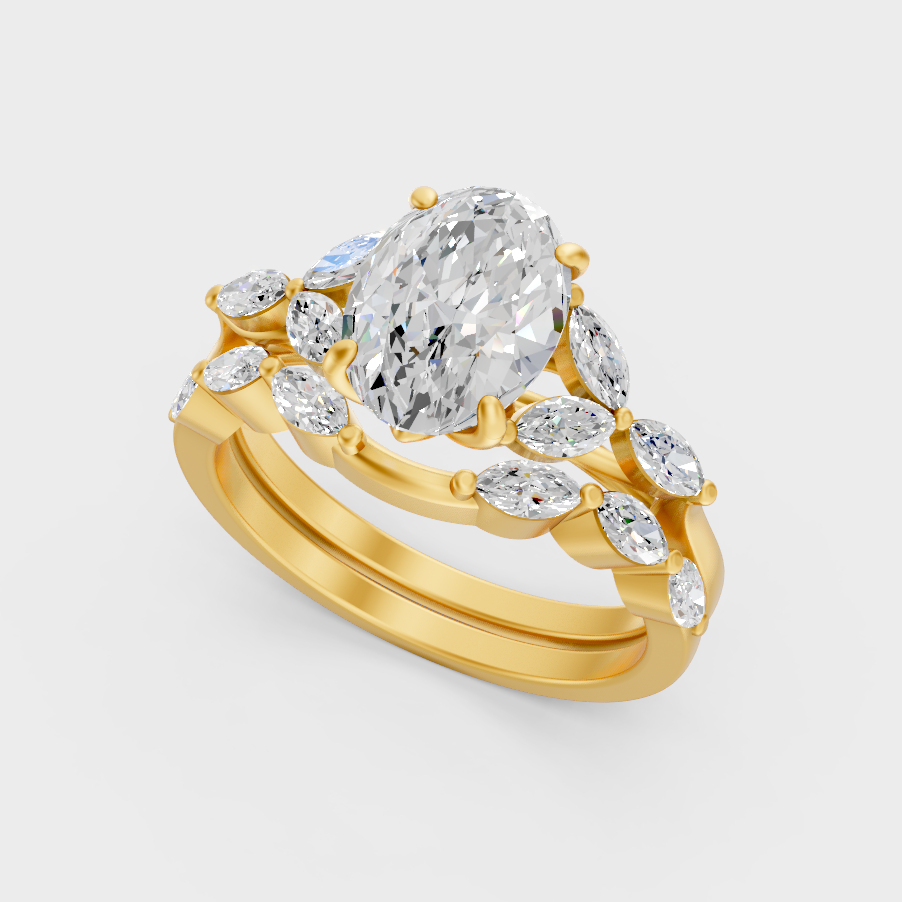 Luxury Oval Marquise Diamond Ring Set In Yellow Gold Elegant Jewelry