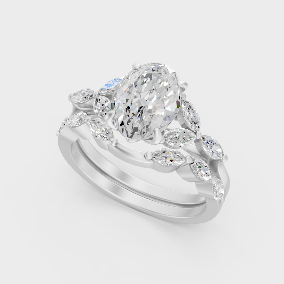 White Gold Oval Marquise Engagement Ring Set Certified Fine Jewelry