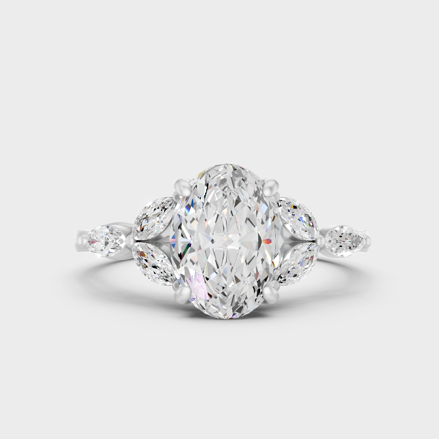 White Gold Oval Proposal Ring Set With Marquise Accent Diamonds