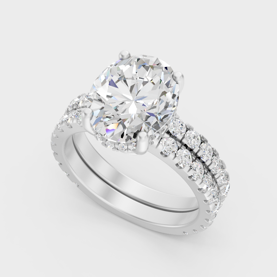 White Gold Oval Hidden Halo Engagement Ring Set Fine Jewelry