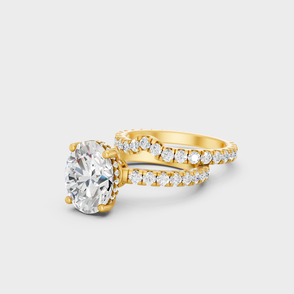Designer Oval Hidden Halo Diamond Ring Set In Yellow Gold
