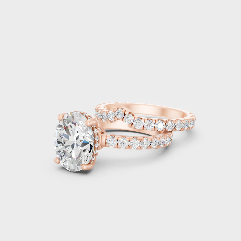 Rose Gold Luxury Oval Hidden Halo Engagement Ring Set