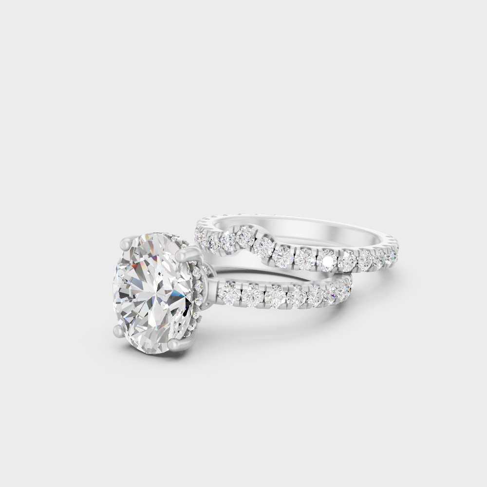 Platinum Oval And Round Cut Hidden Halo Ring Set Timeless Elegance
