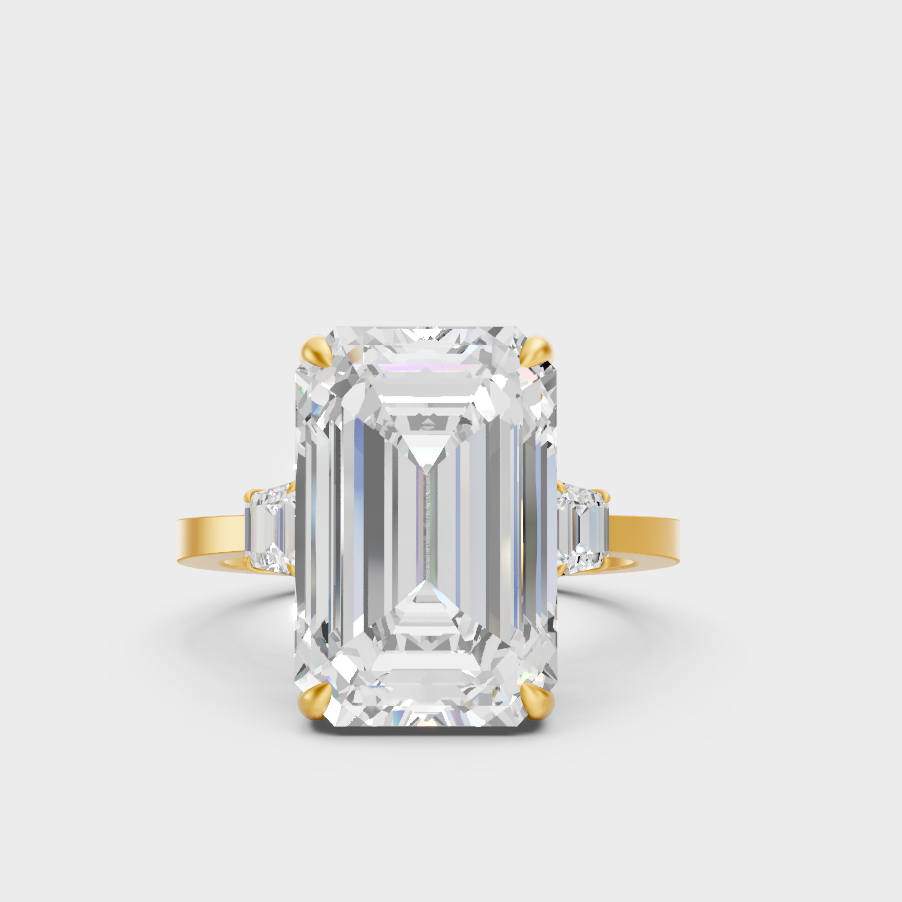 Luxury Emerald Trapezoid Diamond Three Stone Ring In Yellow Gold